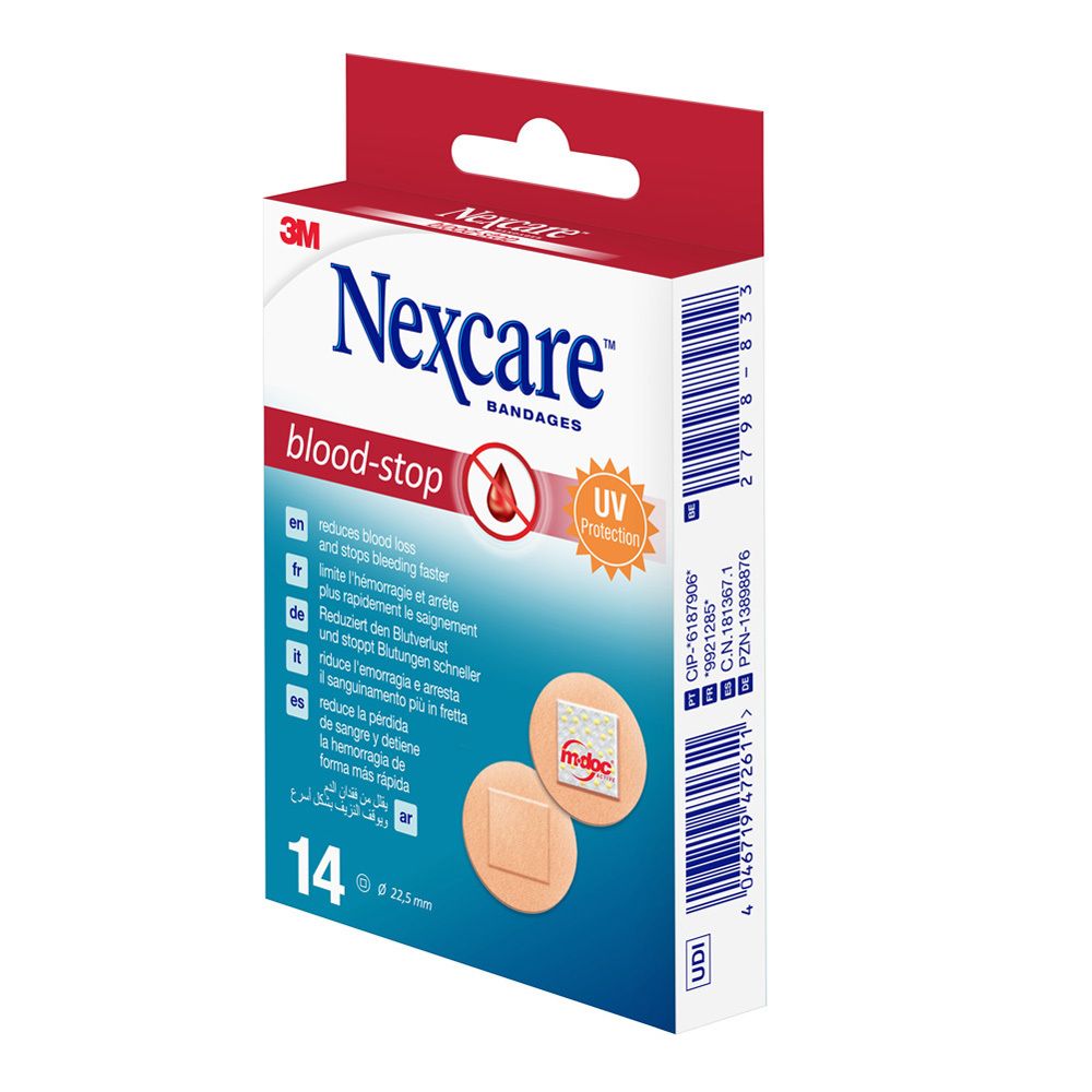 Boîte de pansements hémostatiques Nexcare. Contient 14 pansements. Texte: blood-stop, 3M, Nexcare, 14 x 22,5mm, UV Protection.