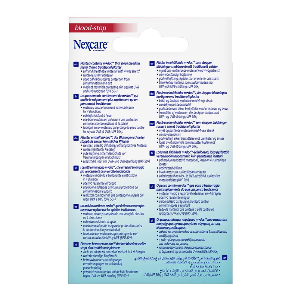 Dos de la boîte de pansements Nexcare Blood Stop. Texte multilingue. Contient des informations sur les pansements.