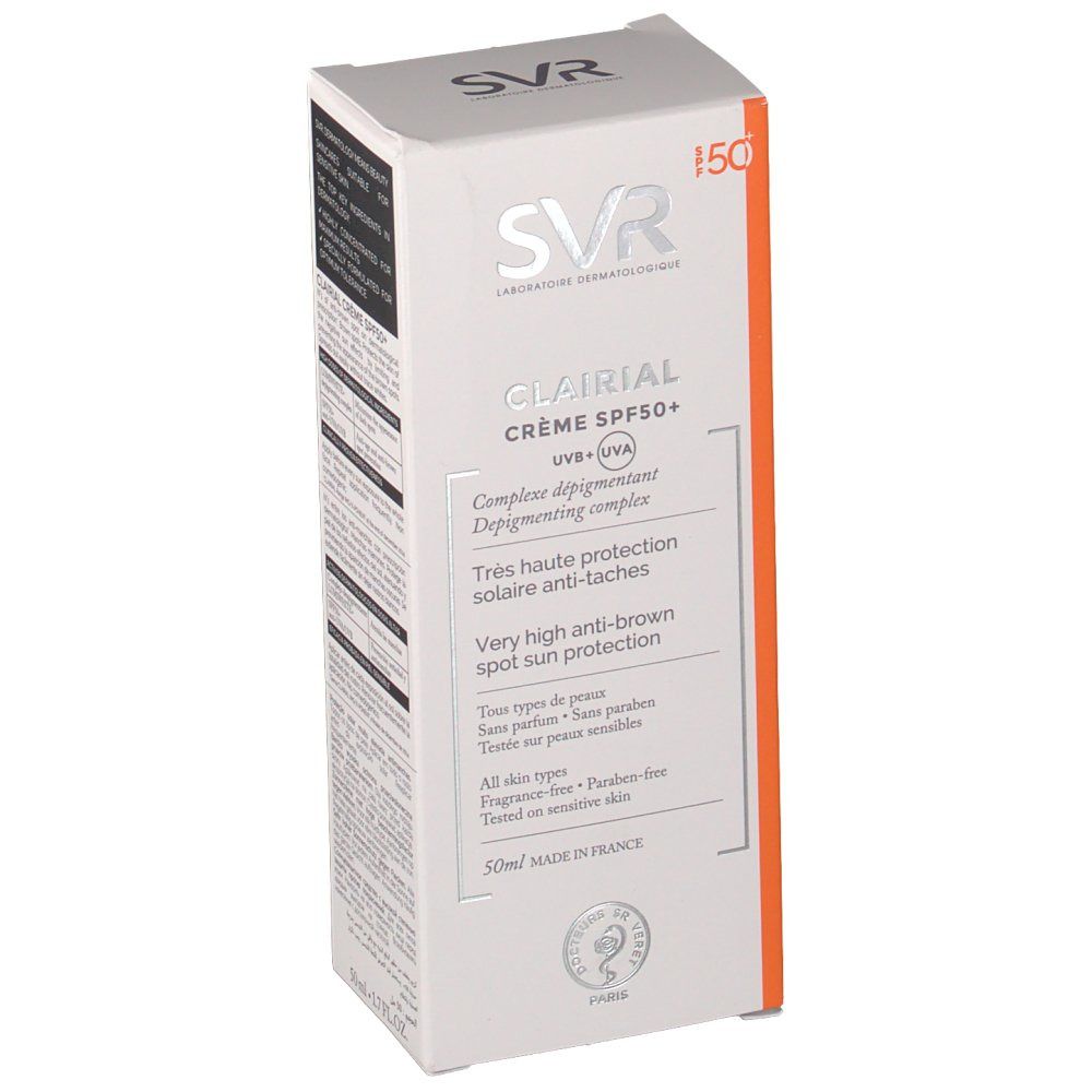 Boîte de crème solaire SVR Clairial SPF50+. Inscriptions en français. Design blanc et orange. Contenance 50ml.