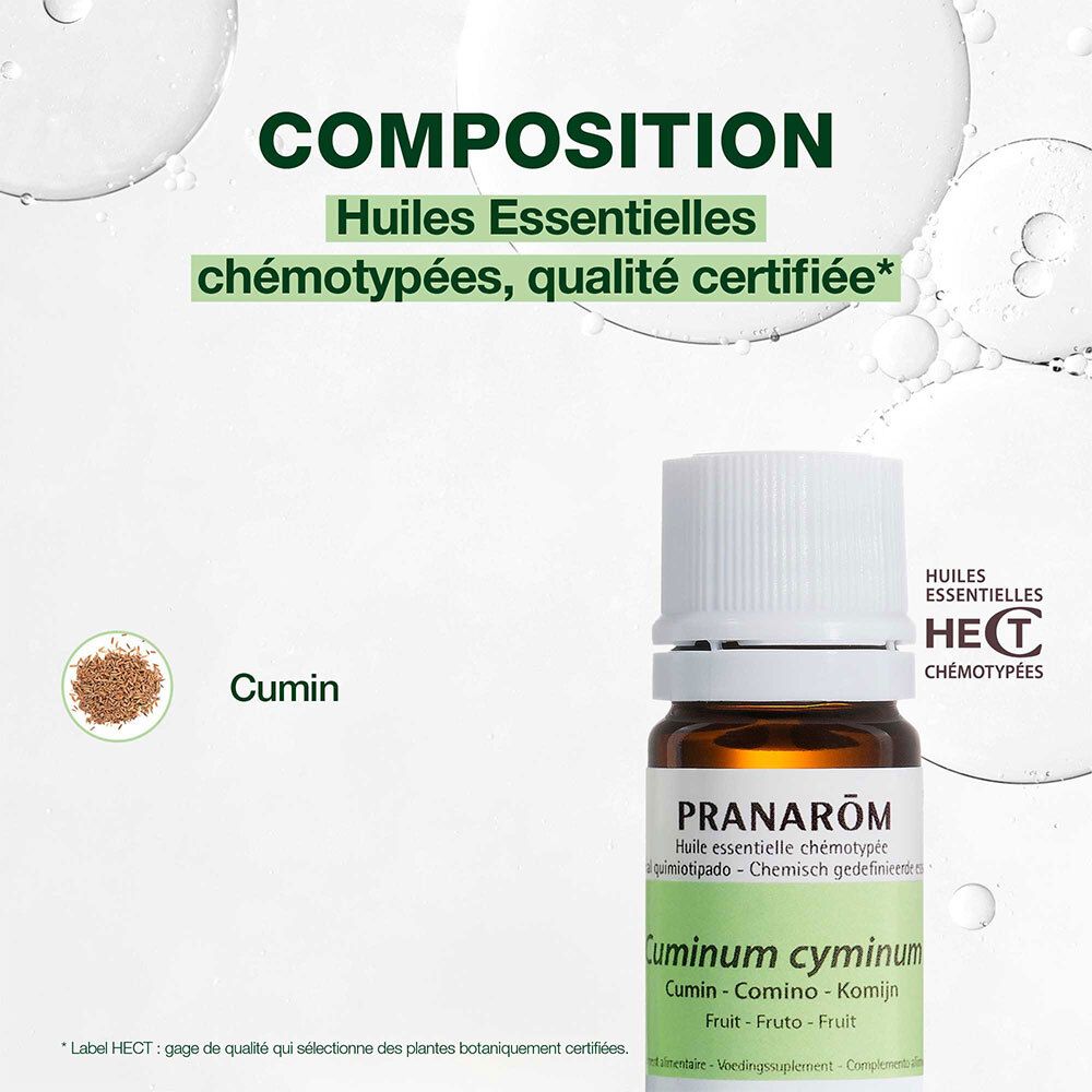 Flacon en verre avec bouchon blanc. Étiquette avec PRANAROM, Cuminum cymimum, 5 ml.