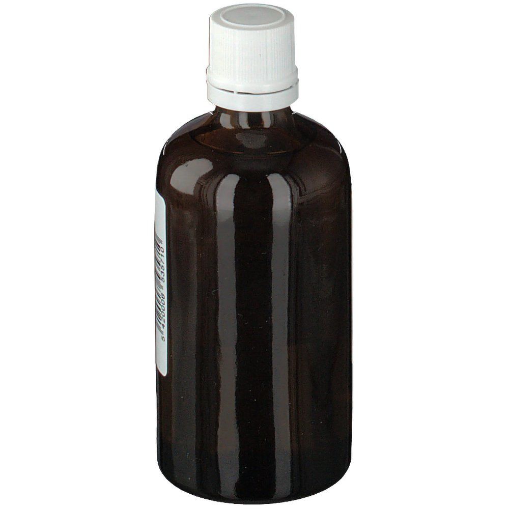 Flacon en verre brun avec bouchon blanc. Étiquette partiellement visible.