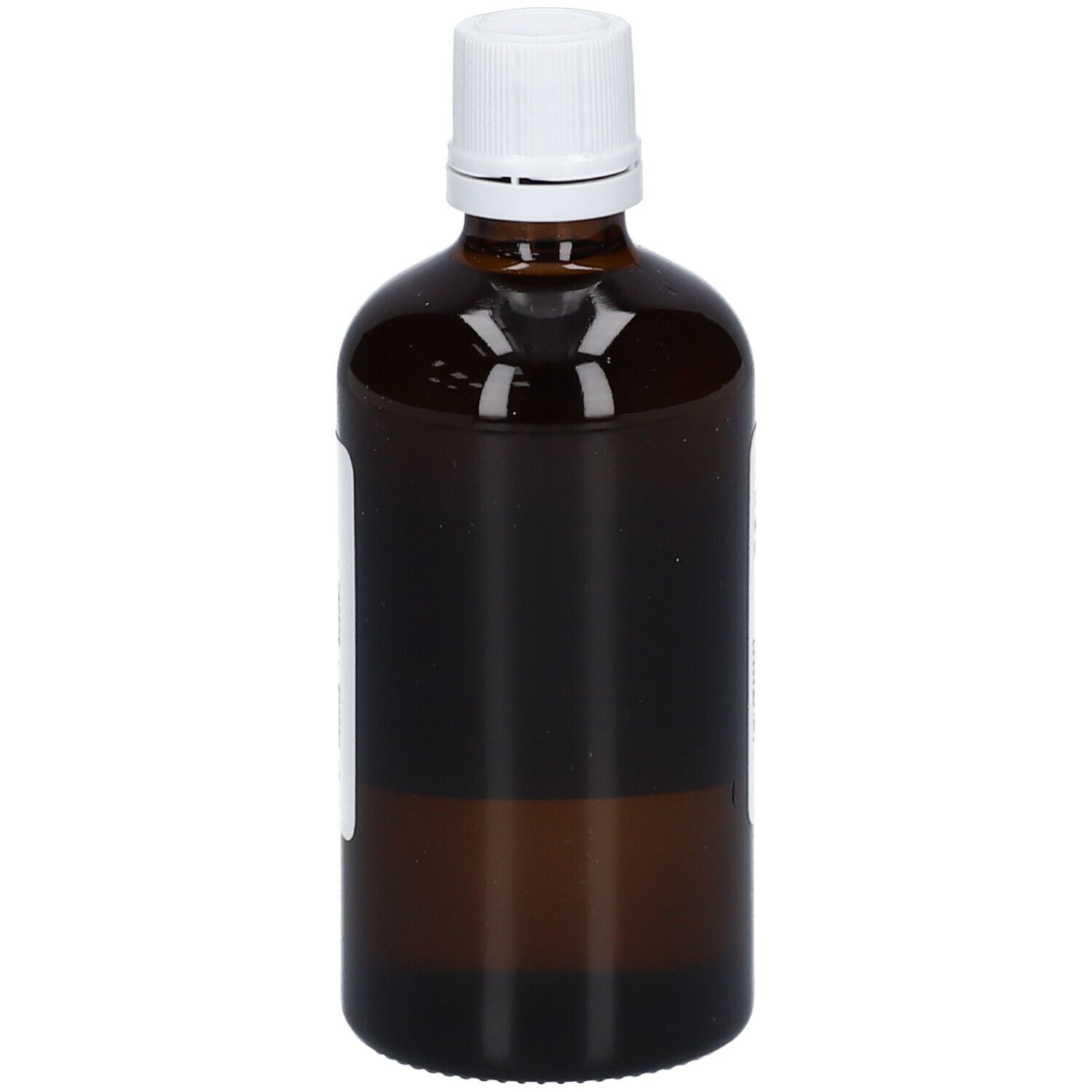 Braune Glasflasche mit weißem Deckel. Keine Etiketten sichtbar. Flüssigkeit im Inneren.