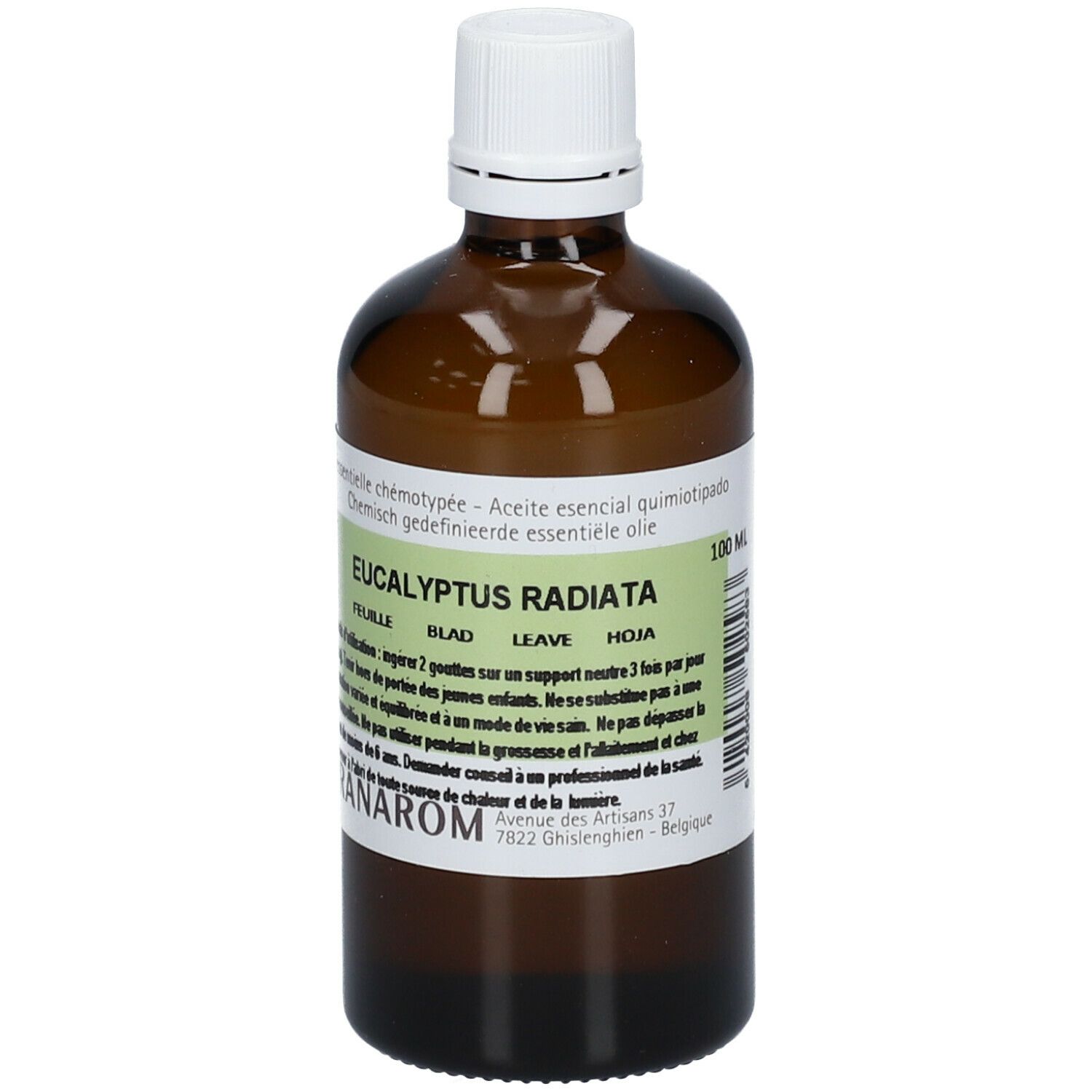 Braune Glasflasche mit weißem Deckel. Etikett mit Produktnamen, 100 ml. Marke Pranarôm.