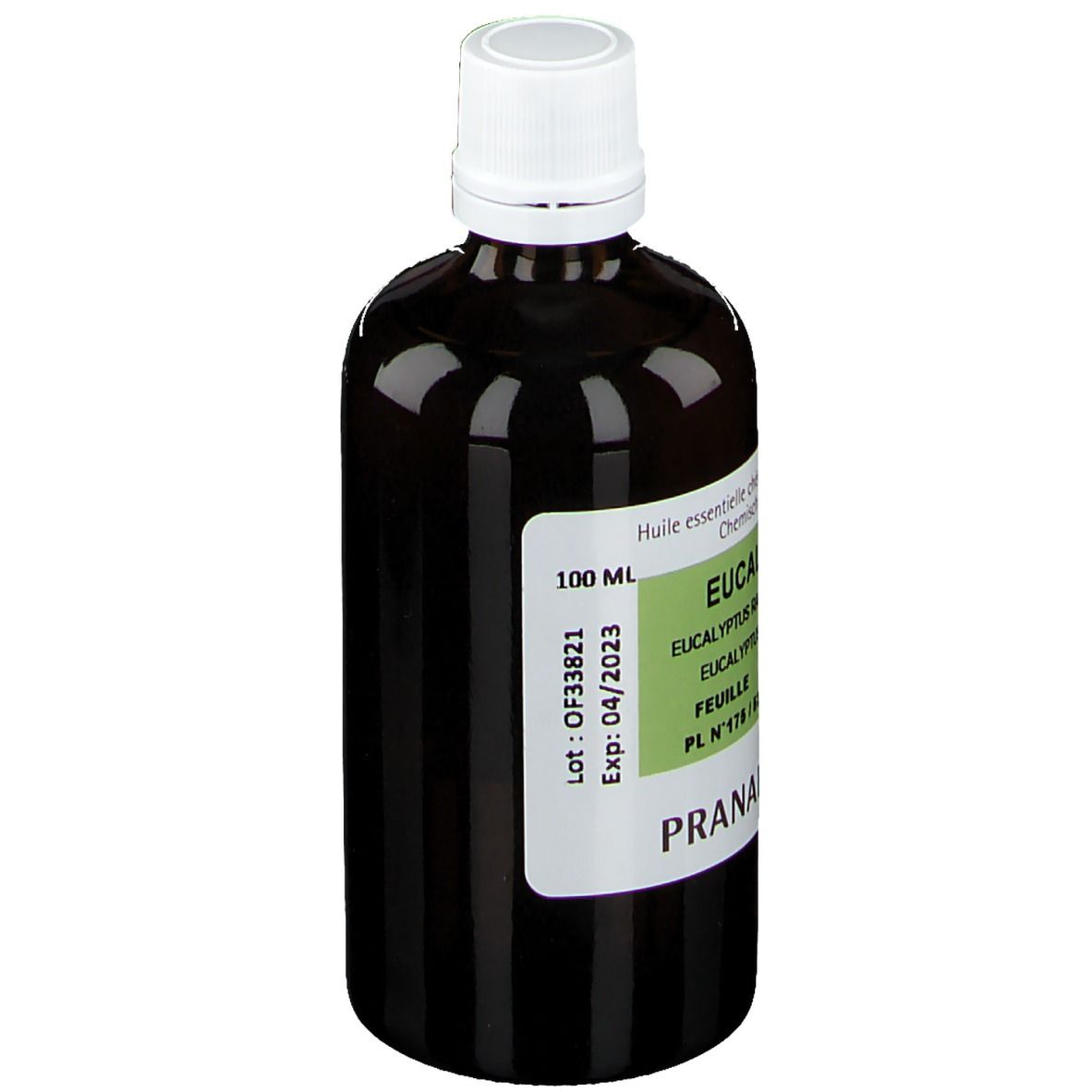 Braune Glasflasche mit weißem Deckel. Etikett mit Produktnamen, 100 ml. Marke Pranarôm.