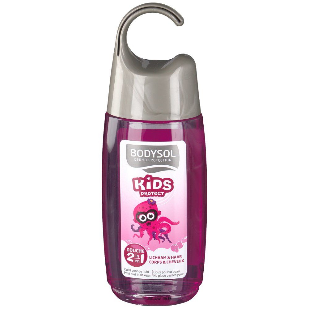 Flasche mit pinkfarbenem Inhalt und Aufhänger. Etikett mit Text und Tintenfisch-Illustration. "Kids Protect" und "Douche 2 en 1".