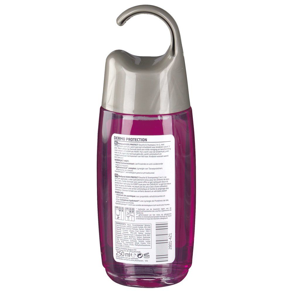 Rückseite der Flasche mit pinkfarbenem Inhalt und grauem Aufhänger. Etikett mit Text, Inhaltsstoffen und Barcode.