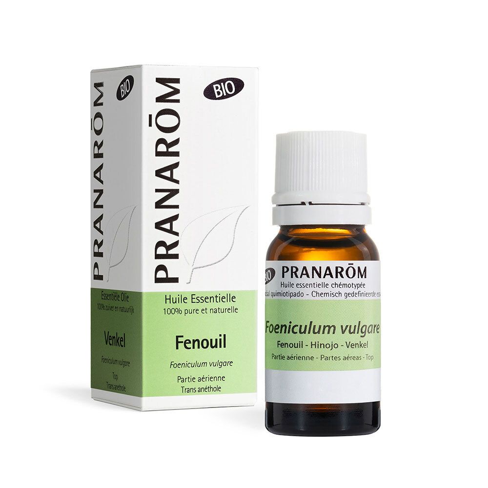 Braune Glasflasche und Karton. Aufschrift: PRANAROM, BIO, Fenchel, Huile essentielle. 100% pur et naturel.