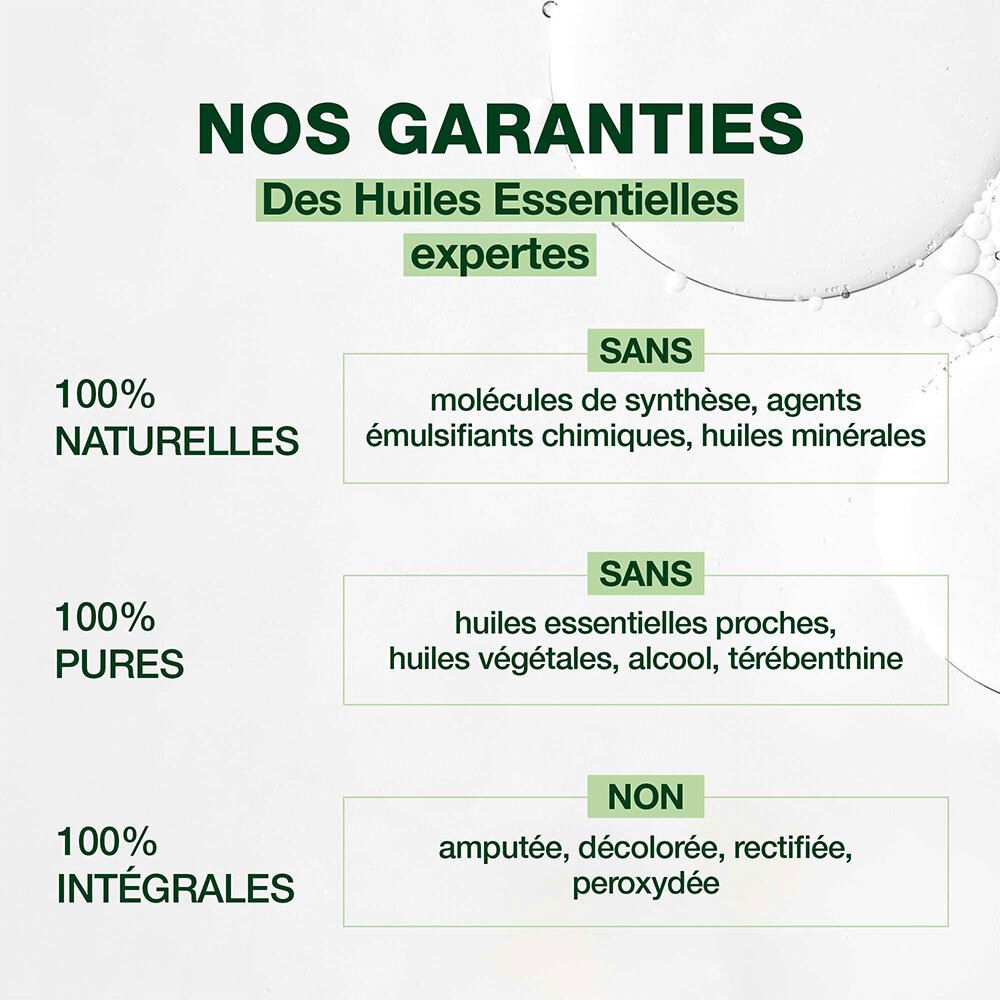Texttafel: Nos Garanties. 100% natürlich, rein, integral. Ohne synthetische Moleküle, ohne Alkohol, ohne Terpentin.
