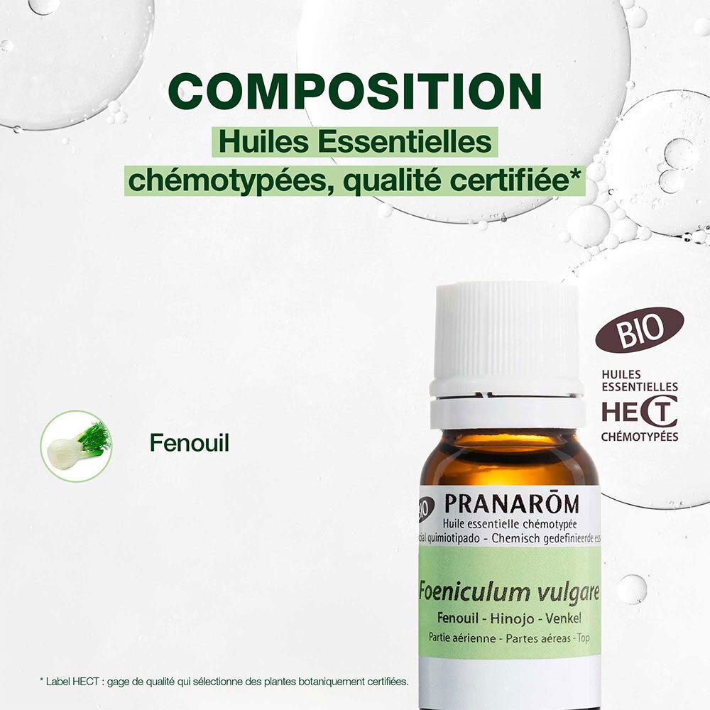 Flasche und Text: Composition, Huiles essentielles chémotypées, qualité certifiée. BIO-Logo. Fenchel.