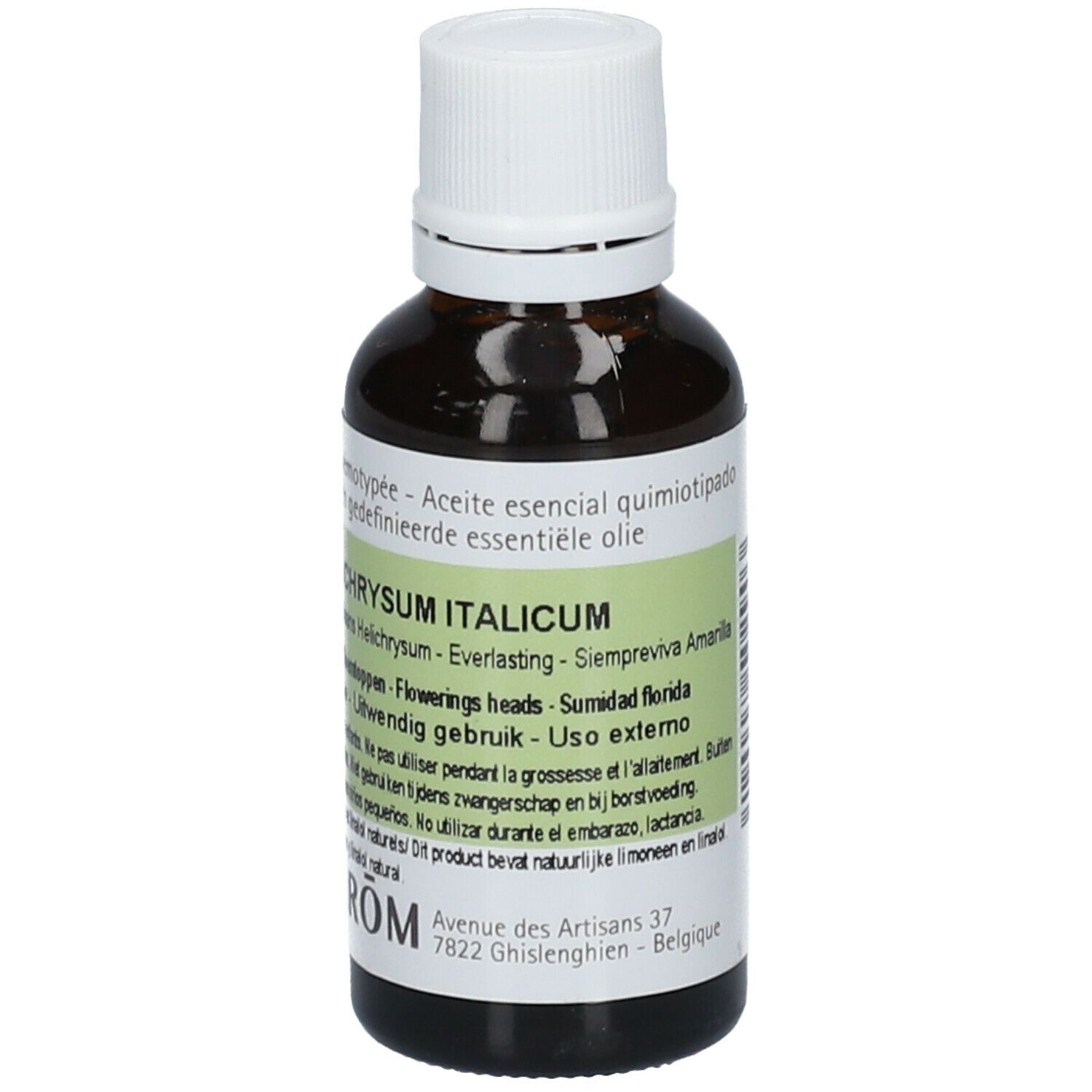 Flacon en verre brun avec bouchon blanc. Étiquette avec texte: Helichrysum italicum, PRANAROM.