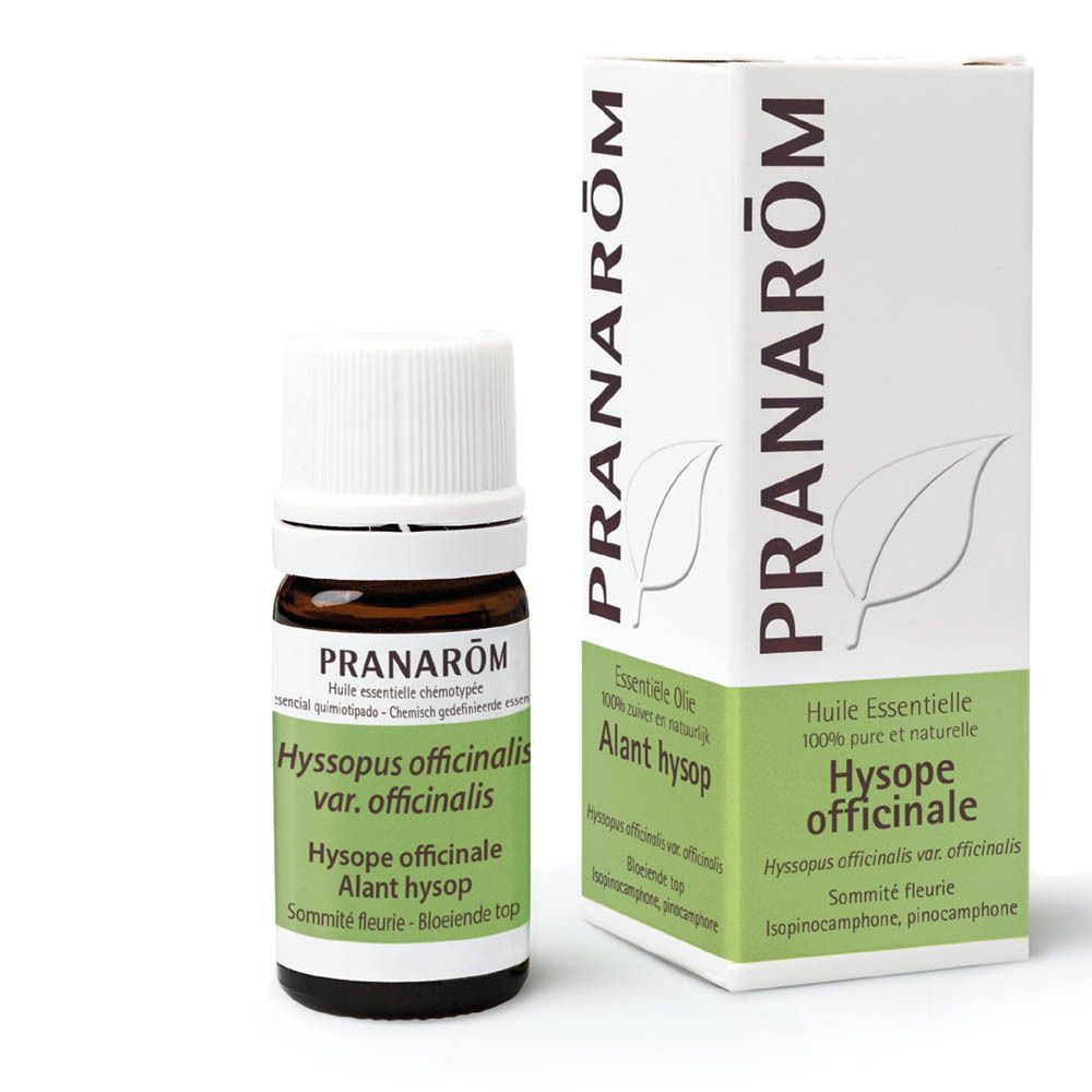 Braune Glasflasche mit weißem Deckel und Karton. Aufschrift: Pranarôm, Hyssopus officinalis var. officinalis.