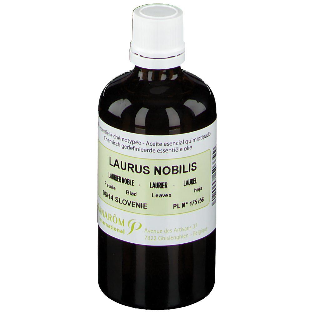 Braune Glasflasche mit weißem Verschluss. Etikett mit Produktinformationen und PRANAROM-Logo. Text: LAURUS NOBILIS, Lorbeer.