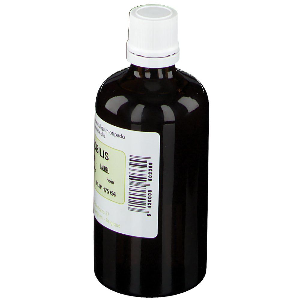 Braune Glasflasche mit weißem Verschluss. Etikett mit Barcode und Produktinformationen. PRANAROM-Logo nicht sichtbar.