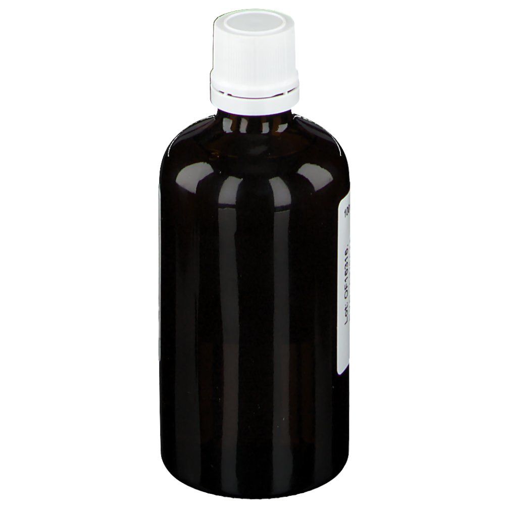 Braune Glasflasche mit weißem Verschluss. Etikett mit Produktinformationen. PRANAROM-Logo nicht sichtbar.