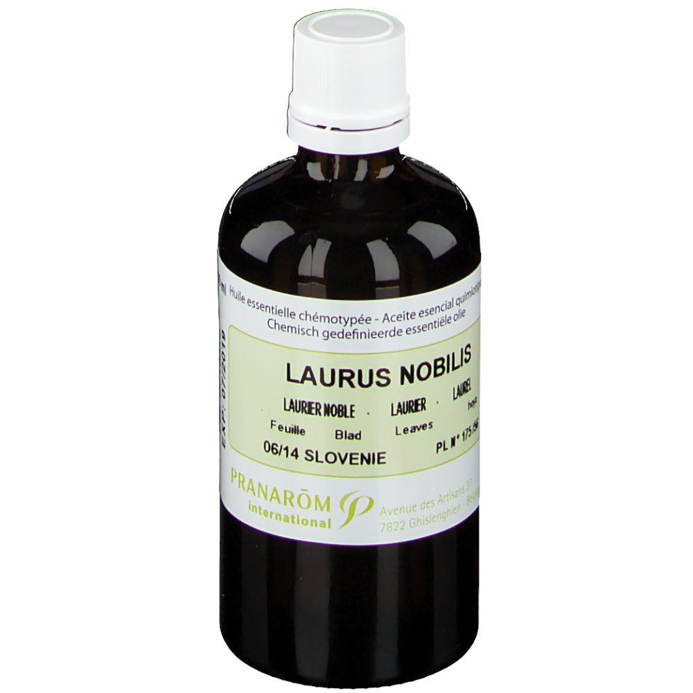 Braune Glasflasche mit weißem Verschluss. Etikett mit Produktinformationen und PRANAROM-Logo. Text: LAURUS NOBILIS, Lorbeer.
