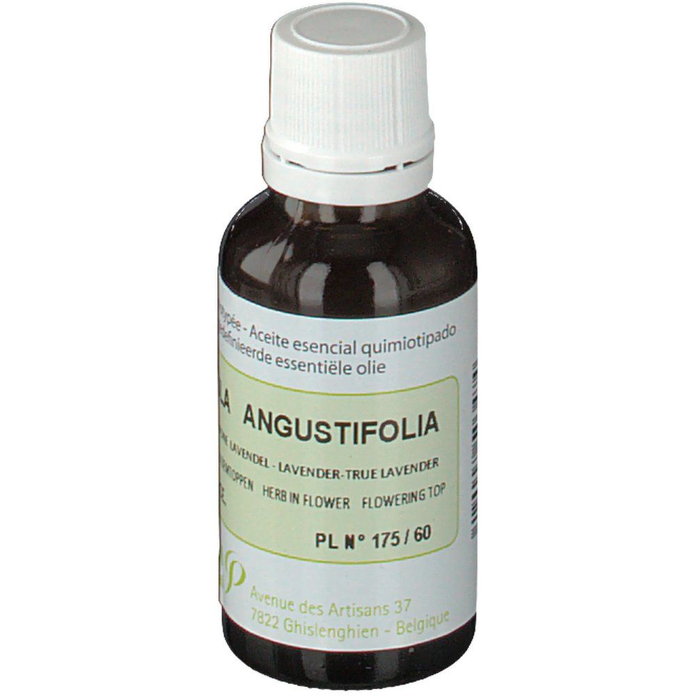 Braune Glasflasche mit weißem Verschluss. Etikett mit Text: Lavandula Angustifolia, True Lavender. Grünes Etikett mit Text.