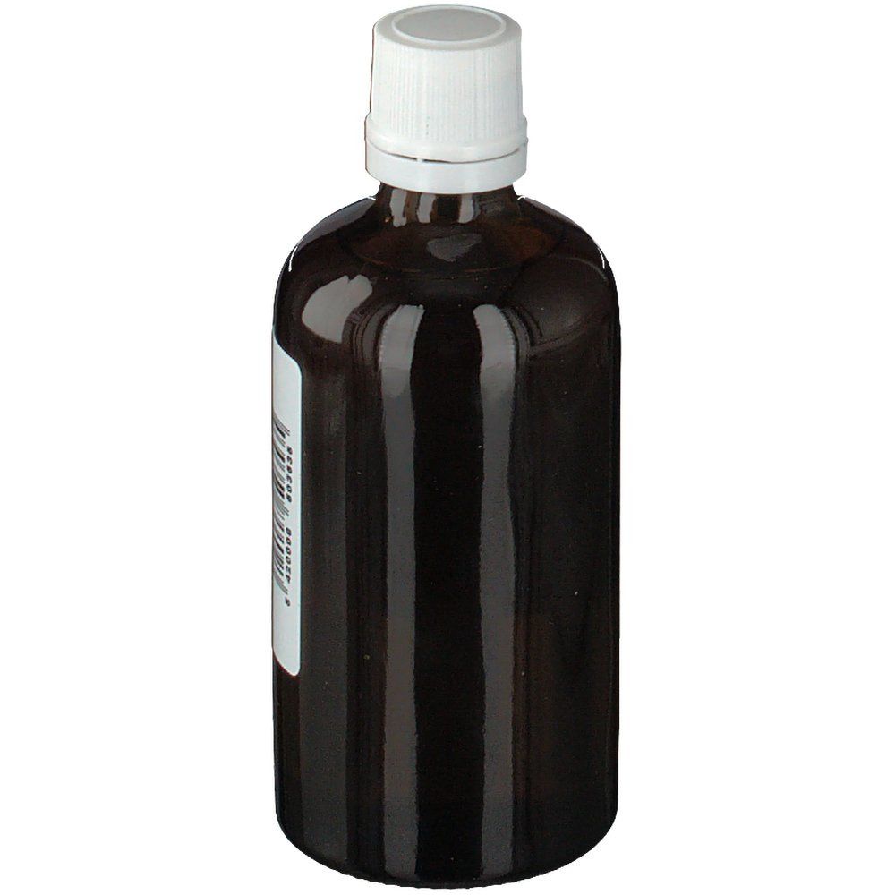 Braune Glasflasche mit weißem Deckel. Keine sichtbaren Etiketten oder Text.