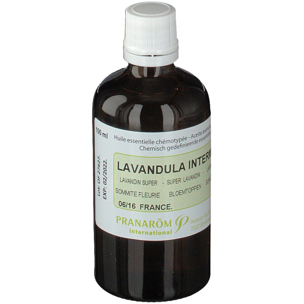 Braune Glasflasche mit weißem Deckel. Etikett mit Produktnamen, Volumen 100 ml und Verfallsdatum. Marke PRANAROM.