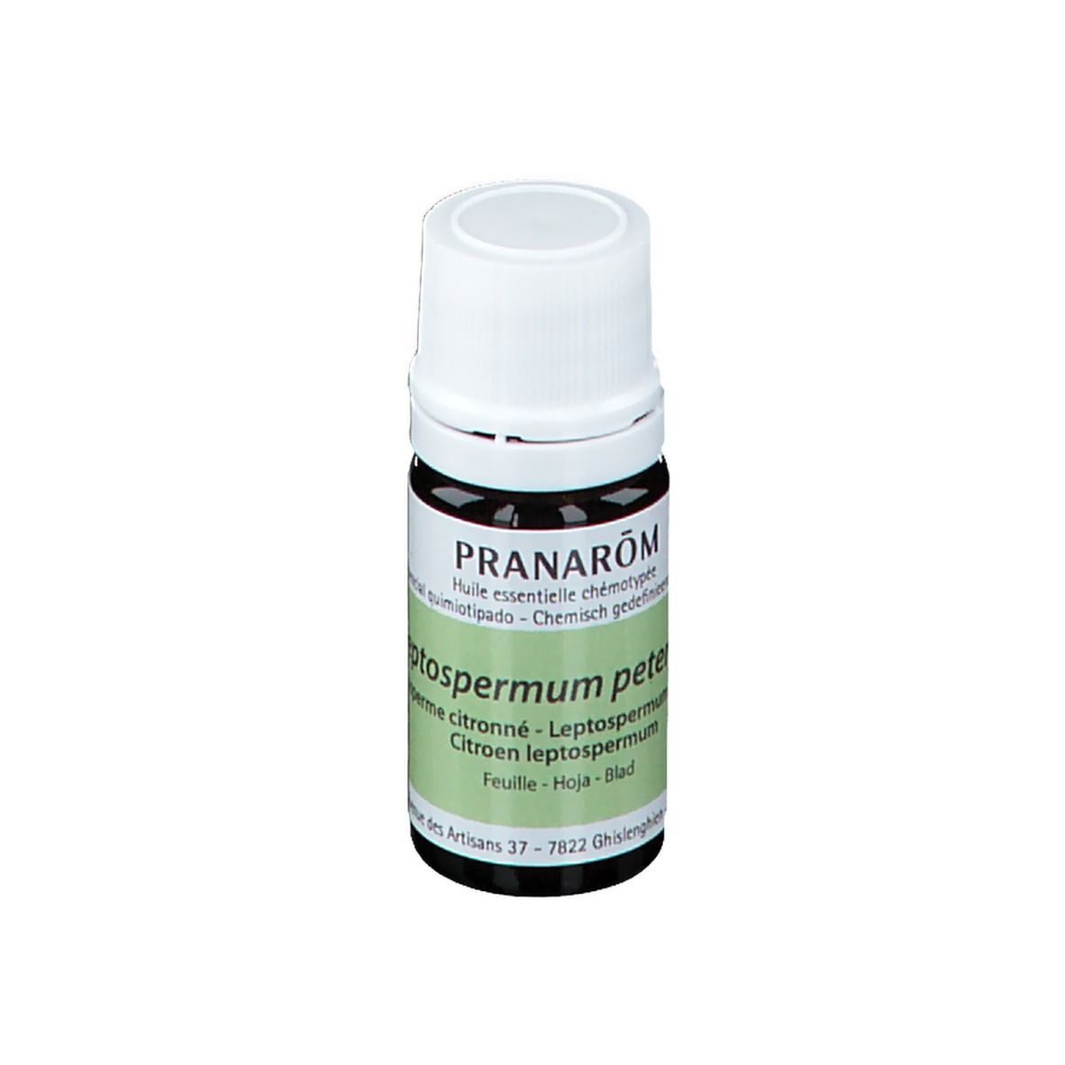 Braune Glasflasche mit weißem Deckel. Etikett mit Produktnamen und Informationen. Marke PRANAROM.
