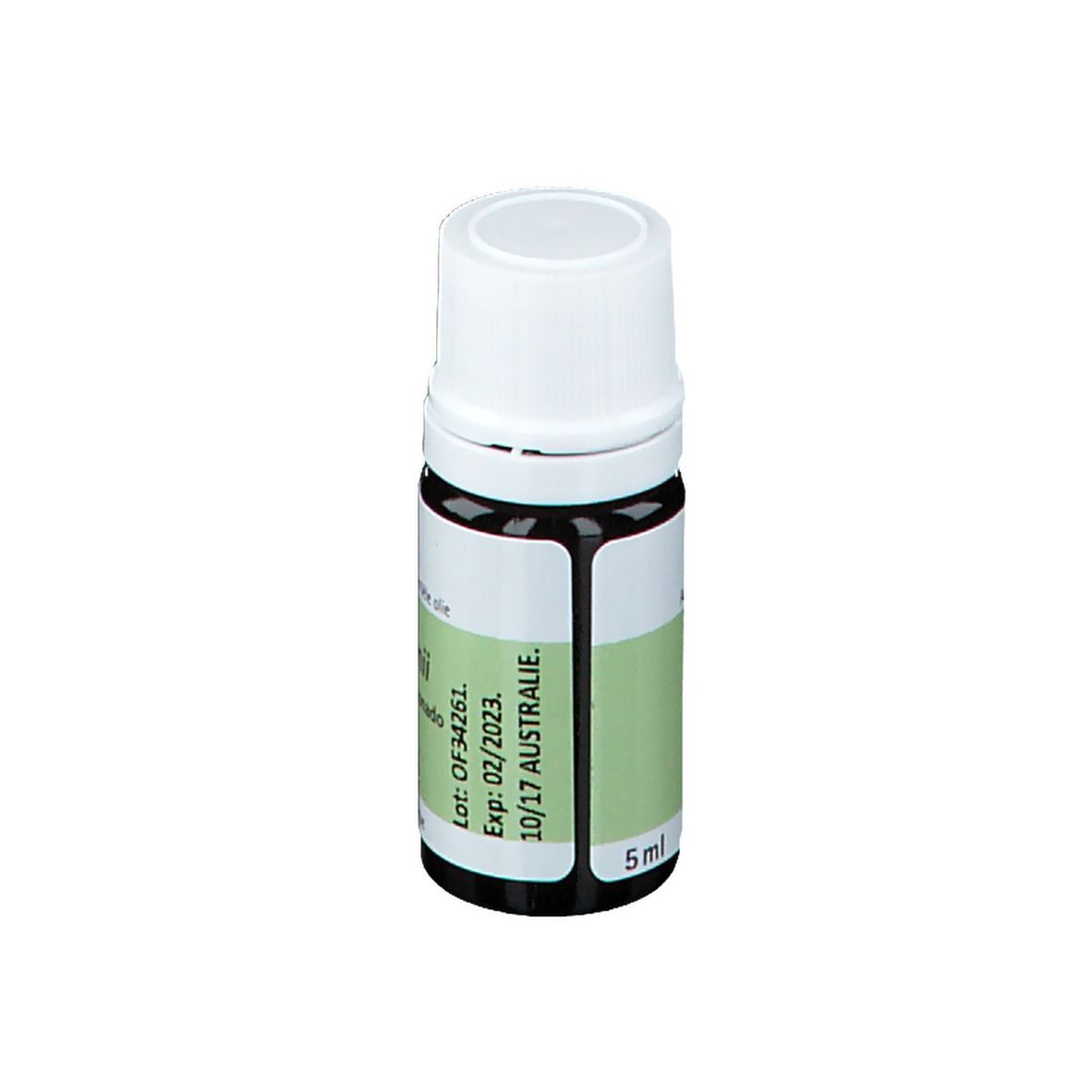 Braune Glasflasche mit weißem Deckel. Etikett mit Produktnamen und Informationen. Marke PRANAROM. 5 ml.