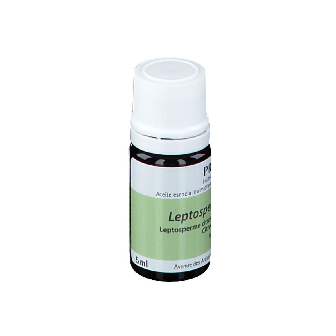 Braune Glasflasche mit weißem Deckel. Etikett mit Produktnamen und Informationen. Marke PRANAROM. 5 ml.