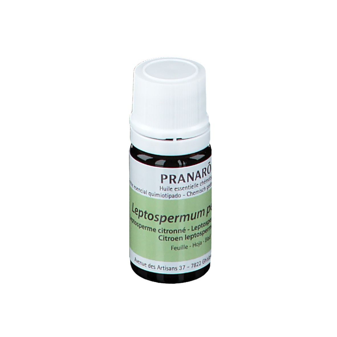 Braune Glasflasche mit weißem Deckel. Etikett mit Produktnamen und Informationen. Marke PRANAROM.