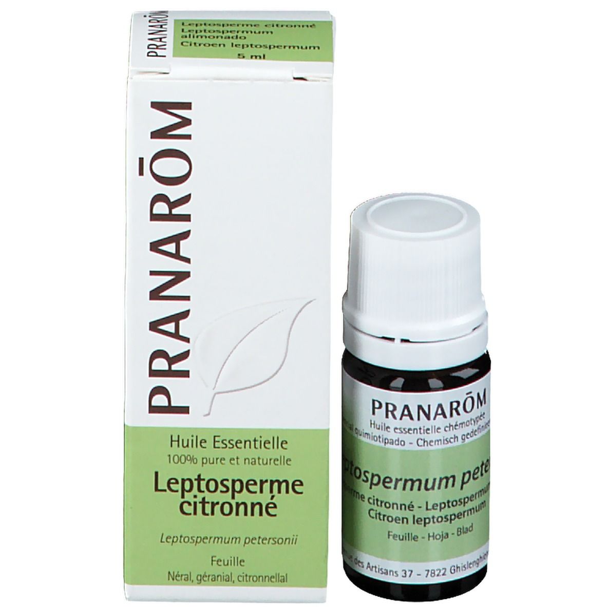 Produktverpackung mit Flasche. Karton mit Produktnamen und Informationen. Marke PRANAROM. 5 ml.