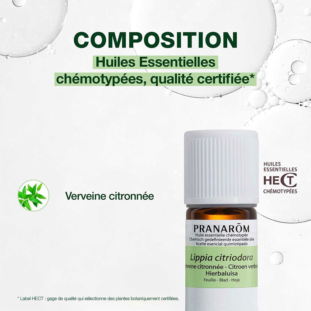 Texte: Composition. Huiles essentielles chémotypées, qualité certifiée. Verveine citronnée.