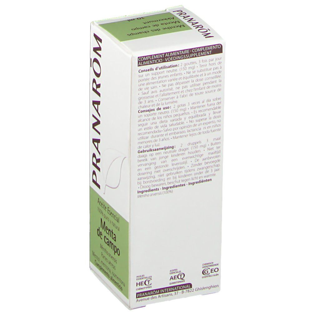 Weißer Karton mit grünen Akzenten. Aufschrift: Pranarom, Menta de campo, ergänzende Informationen. Text in mehreren Sprachen.