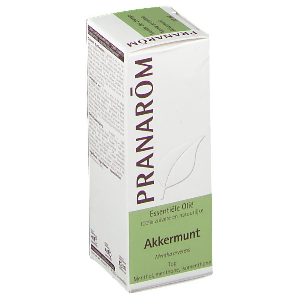 Weißer Karton mit grünen Akzenten. Aufschrift: Pranarom, Akkermunt, 100% zuivere en natuurlijke. Blatt-Logo.