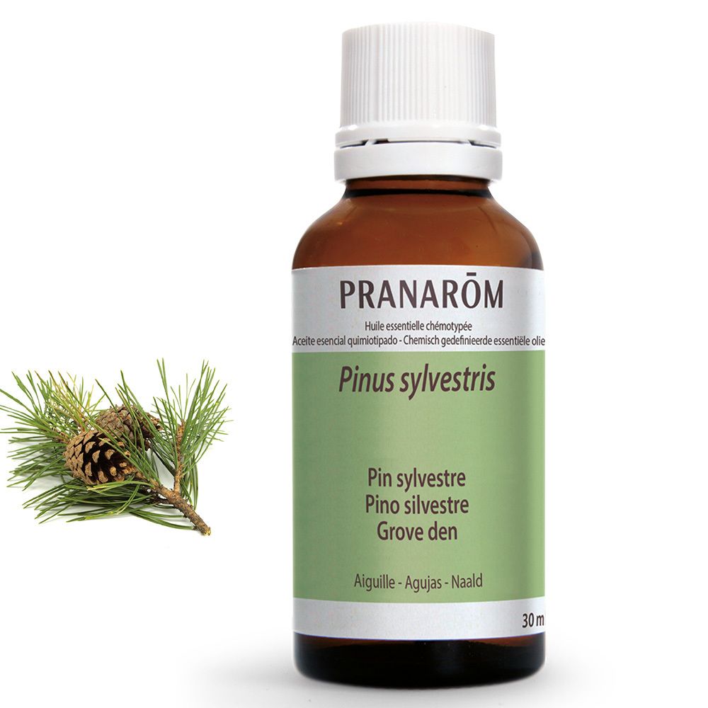 Braune Glasflasche mit weißem Deckel. Etikett mit Produktnamen und botanischen Angaben. Zweig mit Zapfen daneben.