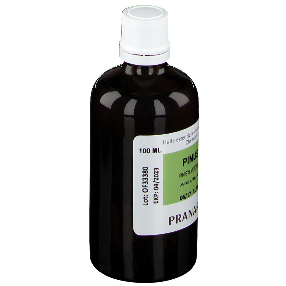 Flacon en verre brun avec bouchon blanc. Étiquette verte: PINUS SYLVESTRIS, 100 ml, PRANAROM.