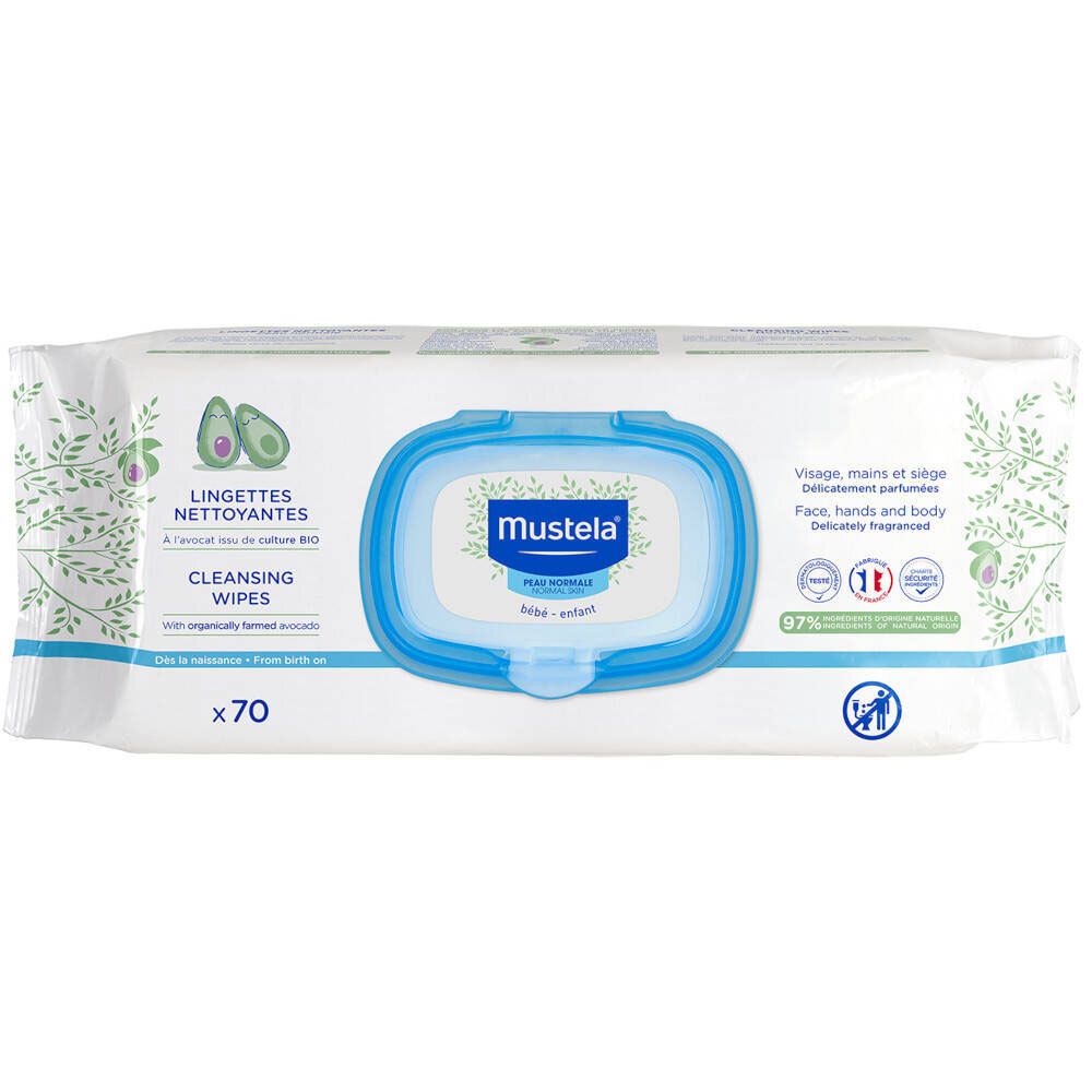 Packung Reinigungstücher mit blauem Deckel. Aufschrift: Mustela Bébé. Enthält 70 Tücher. Mit Avocado-Logo und Text.