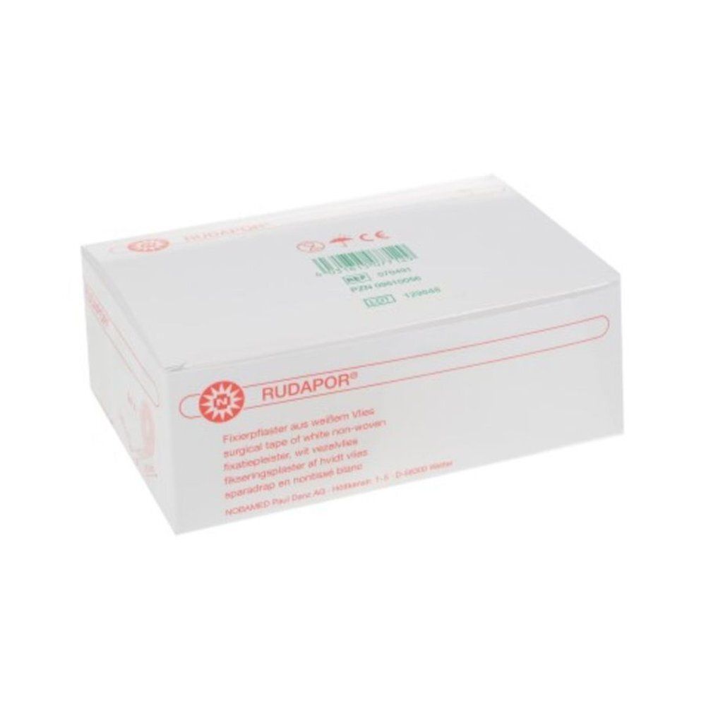 Boîte blanche avec logo rouge et texte RUDAPOR. Imprimé en vert avec informations produit et marquage CE.