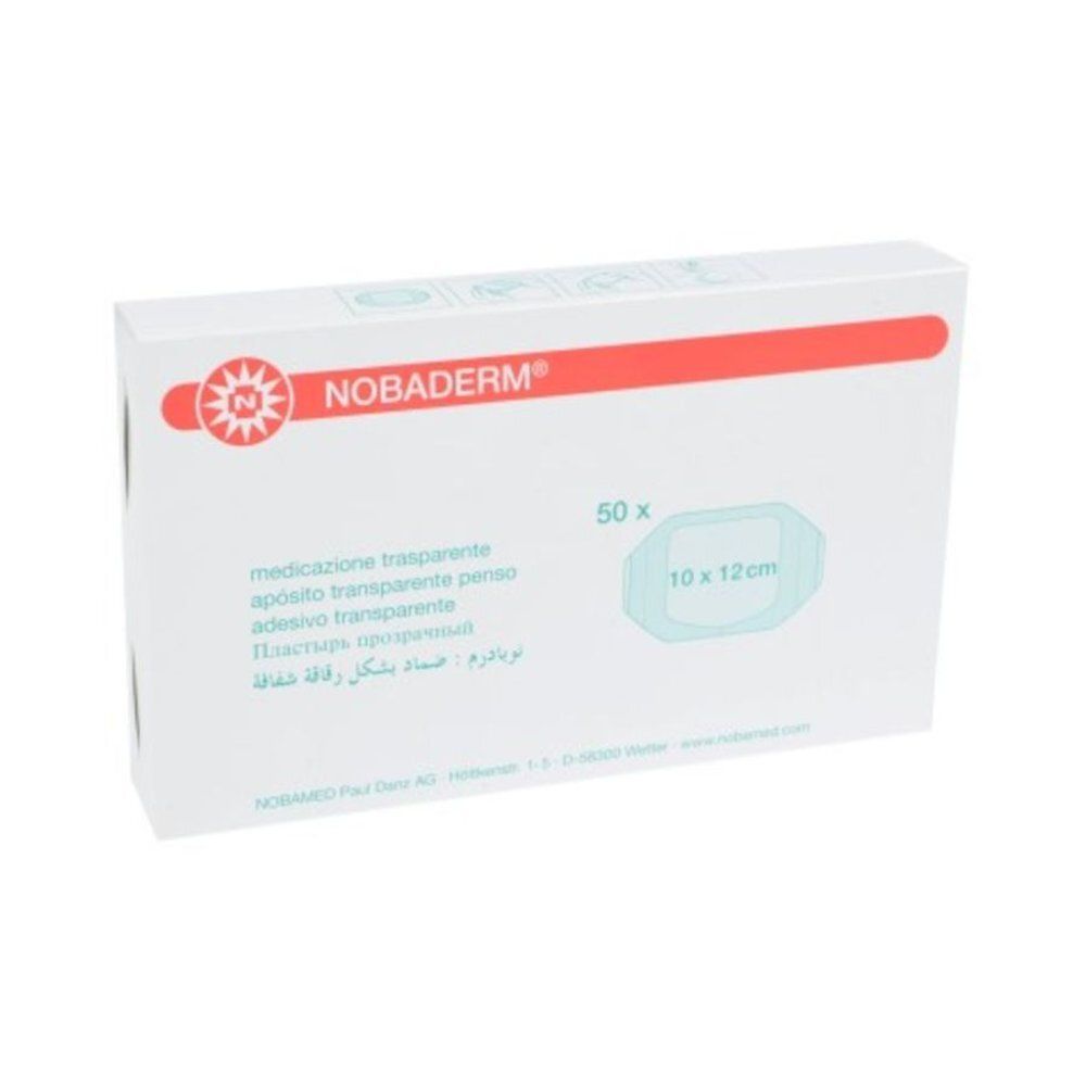 Boîte de pansements adhésifs NOBADERM. Contient 50 unités de 10 x 12 cm. Inscriptions: medicazione trasparente, apósto transparente penso, adesivo transparente.