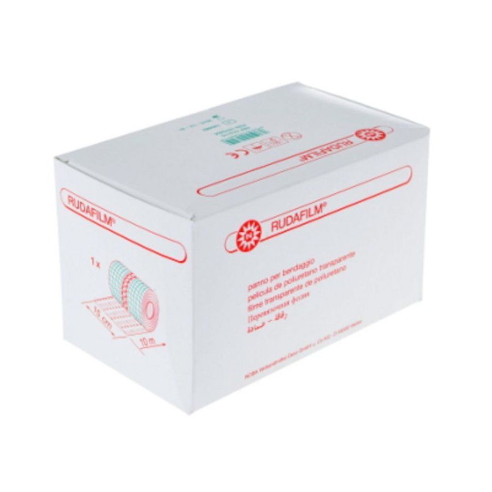 Boîte blanche avec texte et logo rouges. Inscription: RUDAFILM. Représentation d'un rouleau de film de pansement. Dimensions: 15 cm x 10 m.