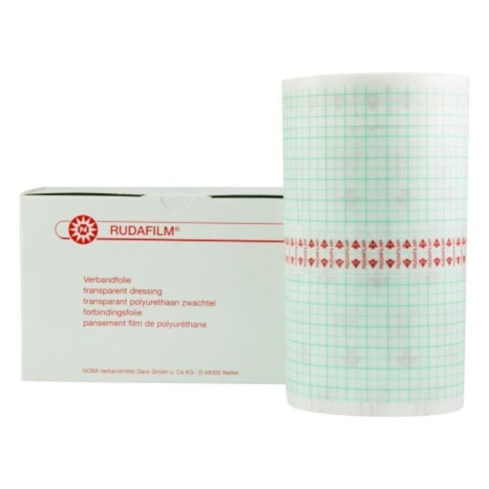 Rouleau de film de pansement transparent avec quadrillage vert et bande rouge. Emballage avec logo et nom du produit.