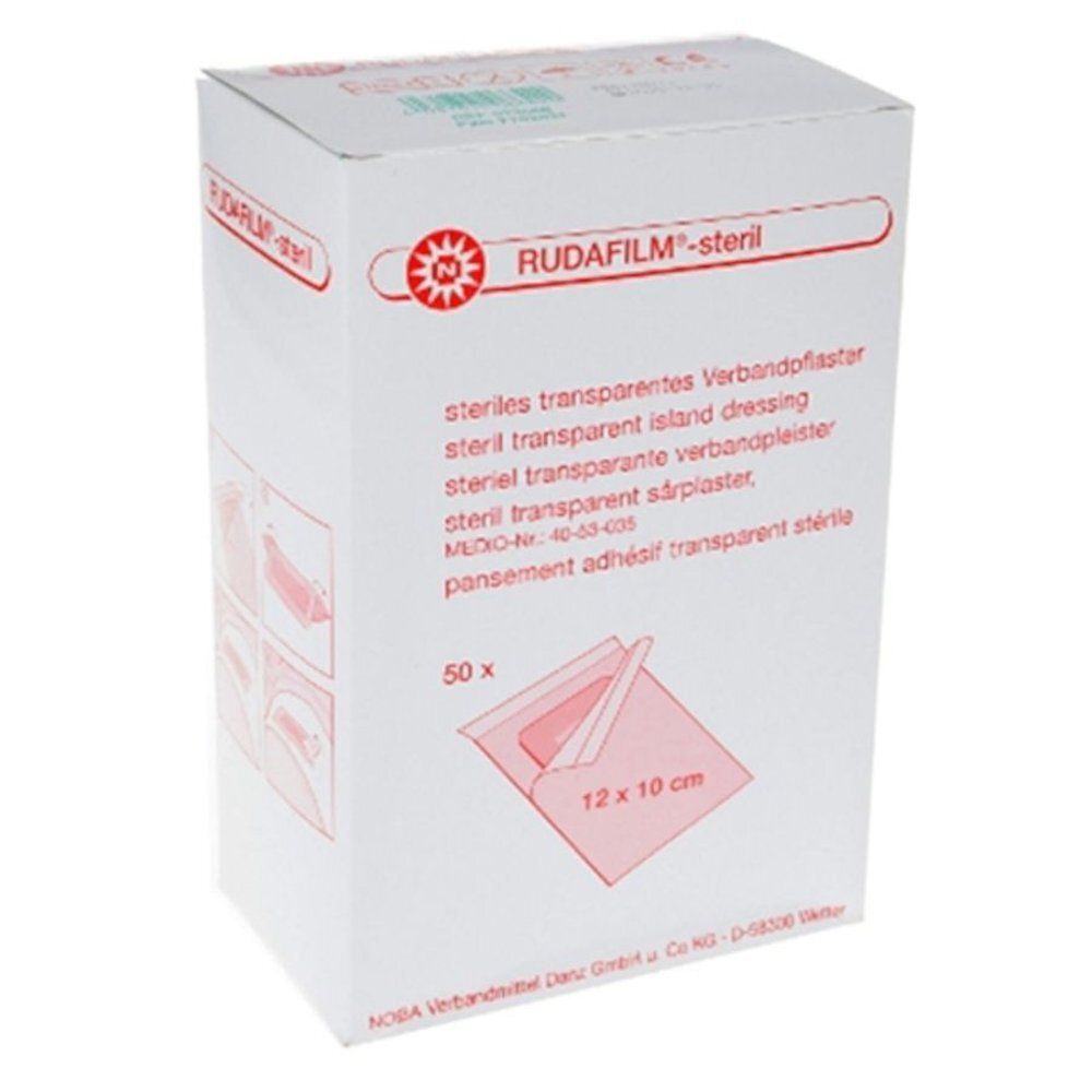 Boîte de pansements RUDAFILM®-steril. Dimensions 12 x 10 cm, 50 unités. Nom et logo du produit visibles.