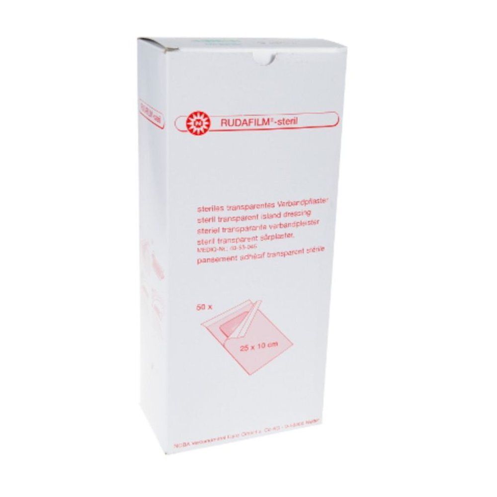 Boîte blanche avec logo rouge et texte RUDAFILM®-steril. Inscription : 25 x 10 cm, 50 pièces.