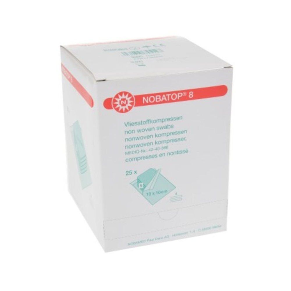 Boîte blanche avec texte rouge. Inscription: NOBATOP® 8. Contient 25 compresses stériles. Dimensions : 10 x 10 cm.