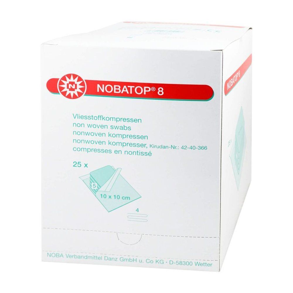 Boîte blanche avec texte rouge. Inscription: NOBATOP® 8. Contient 25 compresses stériles. Dimensions : 10 x 10 cm.