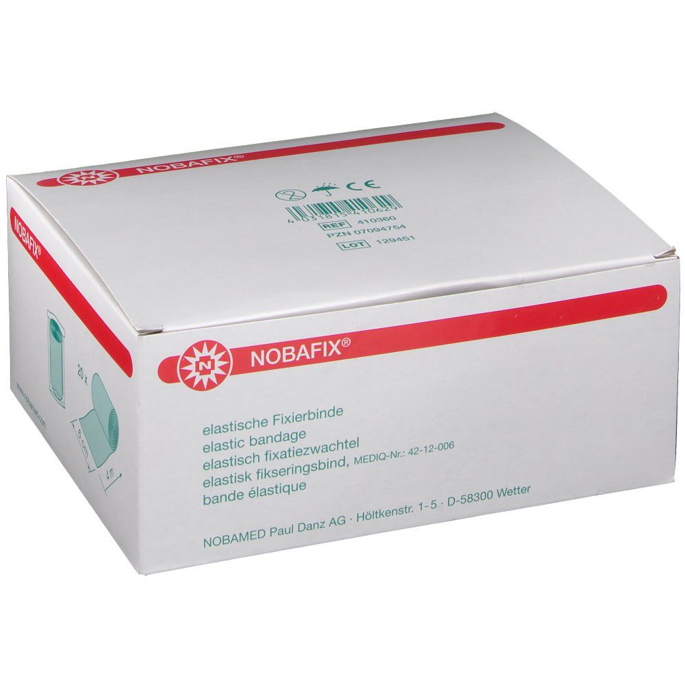 Weiße Verpackung mit roter Linie und Nobafix® Logo. Text: elastische Fixierbinde. CE-Kennzeichnung. Herstelleradresse.