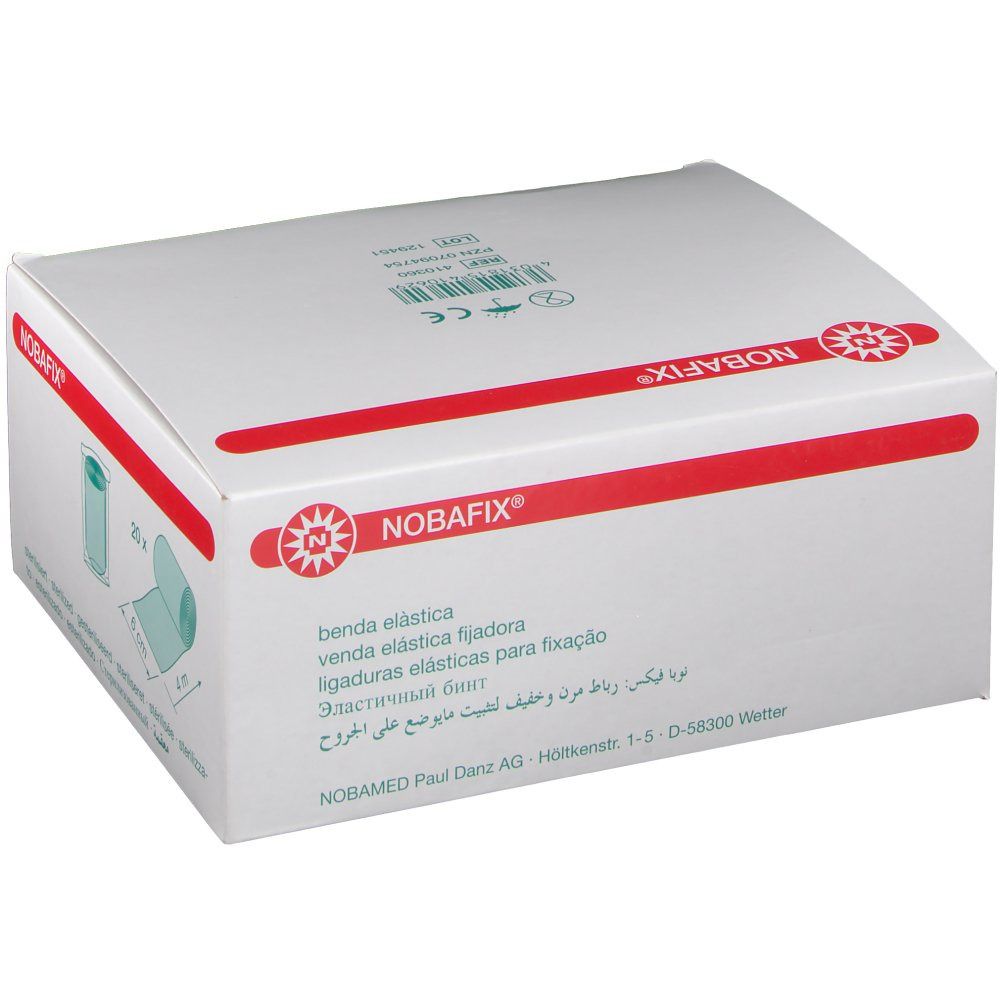 Weiße Verpackung mit roter Linie und Nobafix® Logo. Text in mehreren Sprachen. Herstelleradresse. CE-Kennzeichnung.