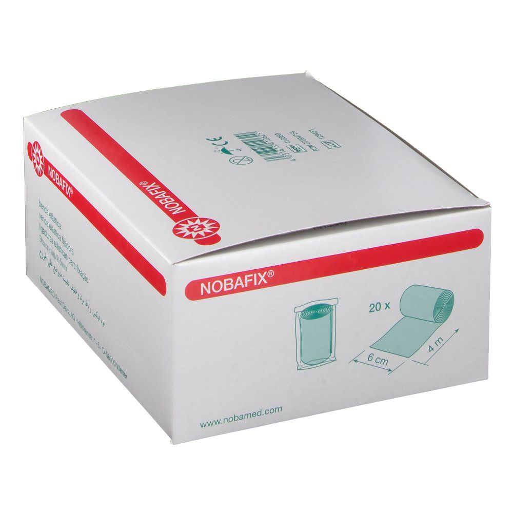 Weiße Verpackung mit roter Linie und Nobafix® Logo. Abbildung: Verbandrolle. Text: 20 x, 6 cm x 4 m. Steril.