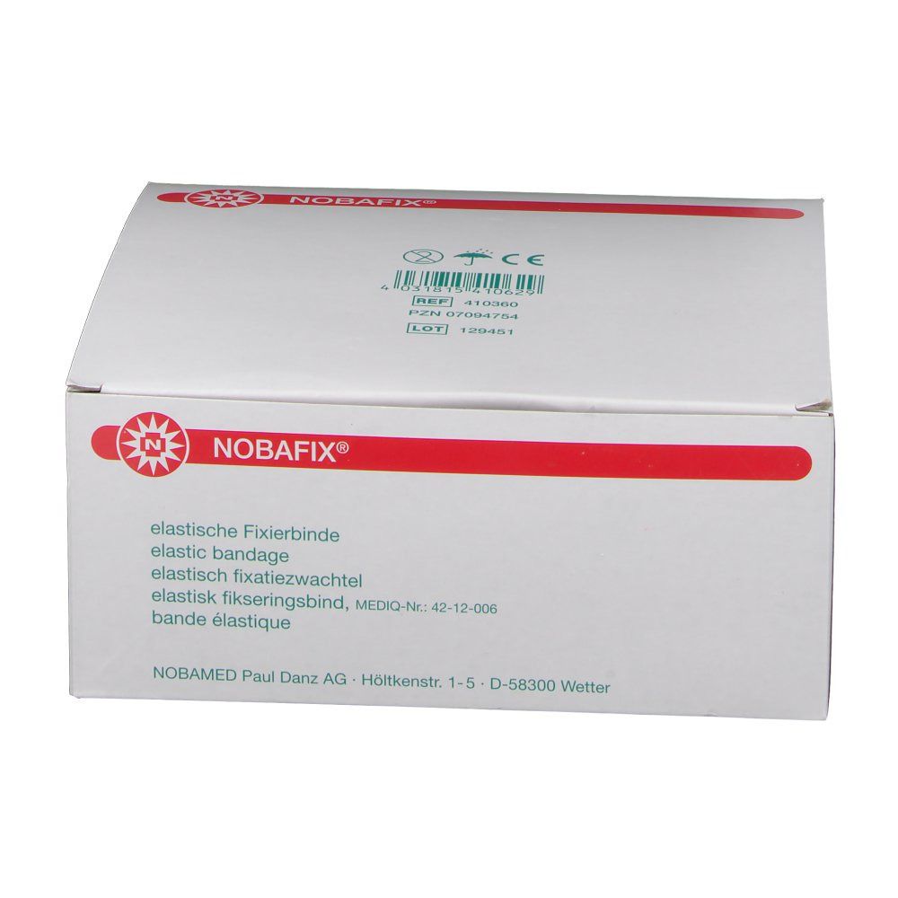 Weiße Verpackung mit roter Linie und Nobafix® Logo. Text: elastische Fixierbinde. CE-Kennzeichnung. Herstelleradresse.