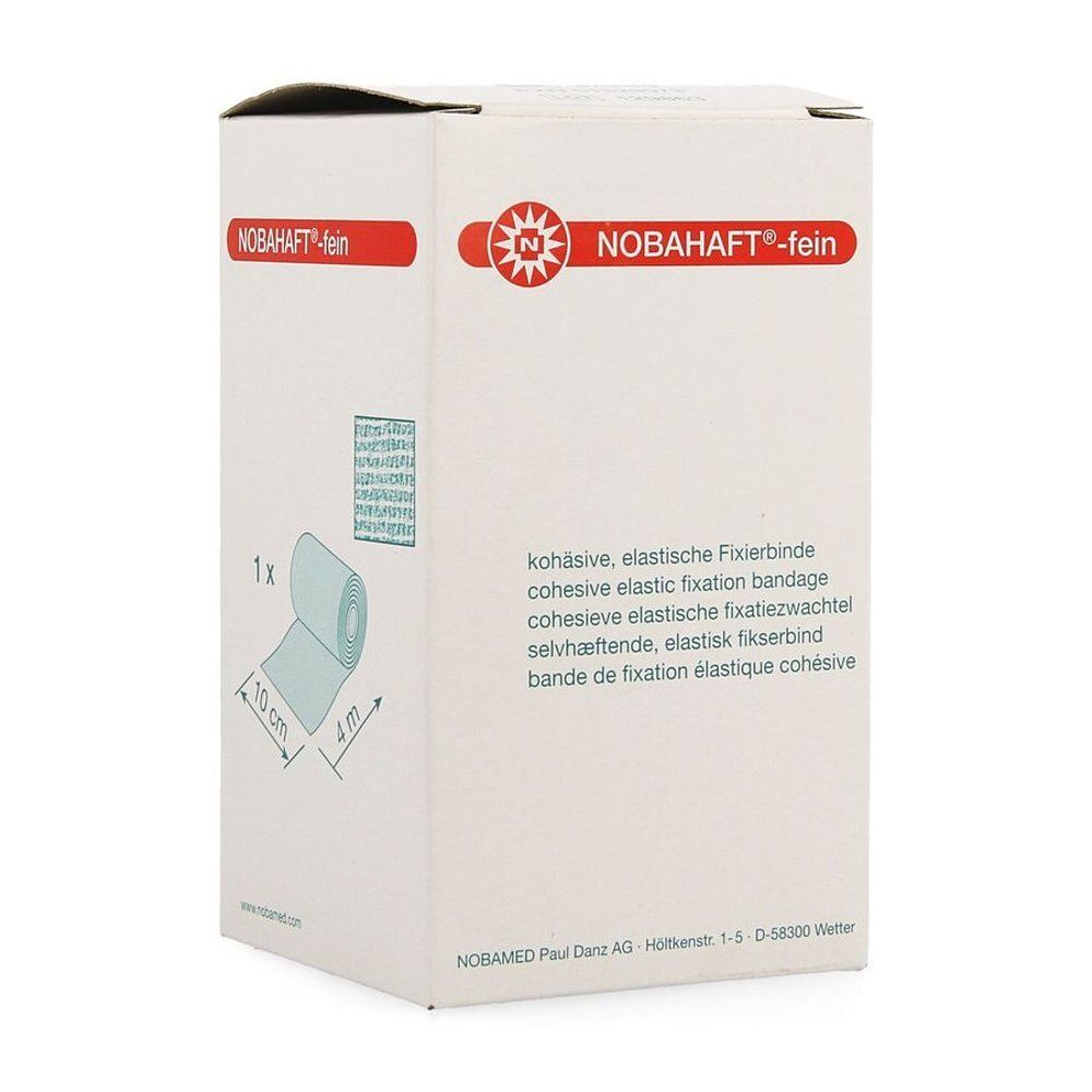 Boîte blanche avec le nom du produit NOBAHAFT®-fein. Montre un rouleau de bandage de fixation. Impressions en plusieurs langues.