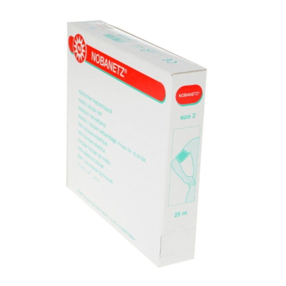 Emballage blanc avec texte rouge NOBANETZ. Taille 2, 25 m. Illustration d'un bras avec bandage.