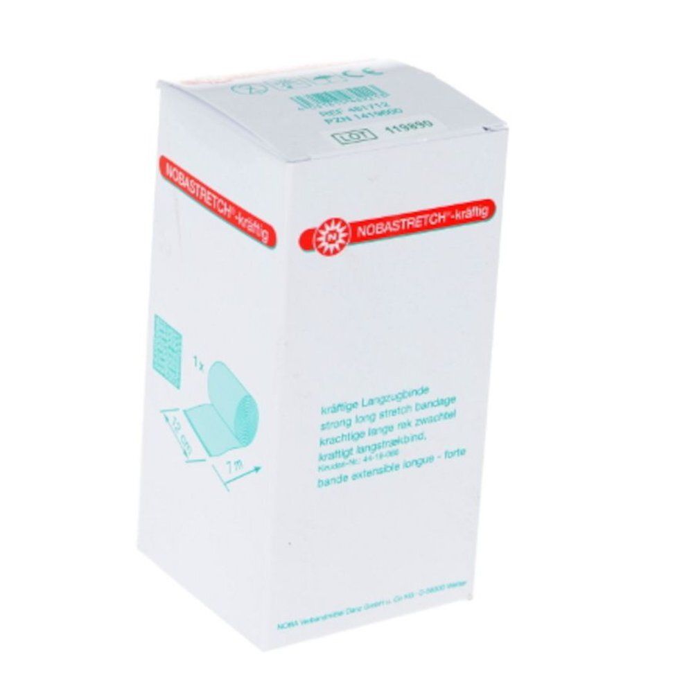 Emballage blanc avec logo rouge et texte NOBASTRETCH-kräftig. Inscriptions multilingues. Représentation d'une bande de compression.