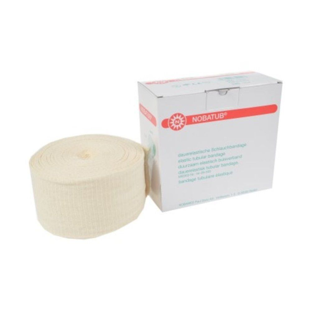 Bande tubulaire élastique et emballage. Emballage avec bande rouge et logo NOBATUB. Bandage roulé, couleur crème.