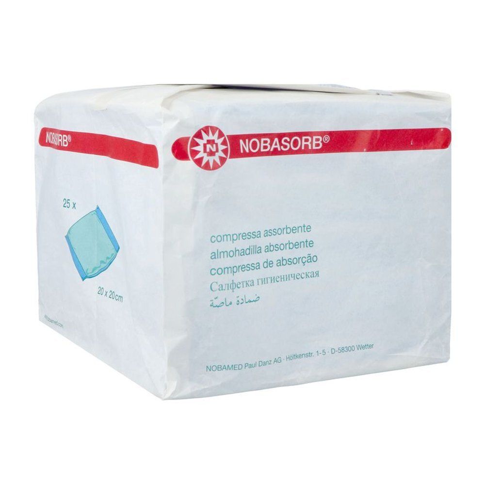 Emballage de compresses absorbantes NOBASORB®. Paquet blanc carré avec texte et logo rouges. Inscription : 25 pièces, 20 x 20 cm.